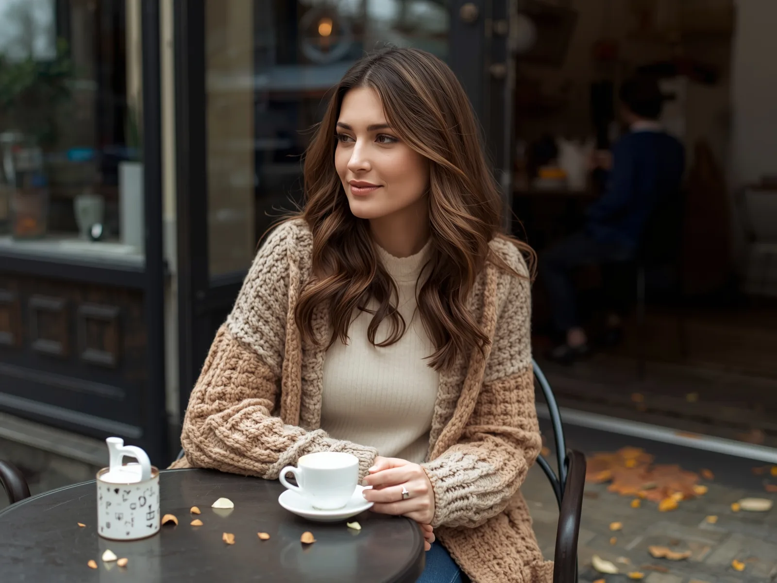 Woman layering a chunky knit cardigan over a lightweight cardigan on an autumn cafe terrace