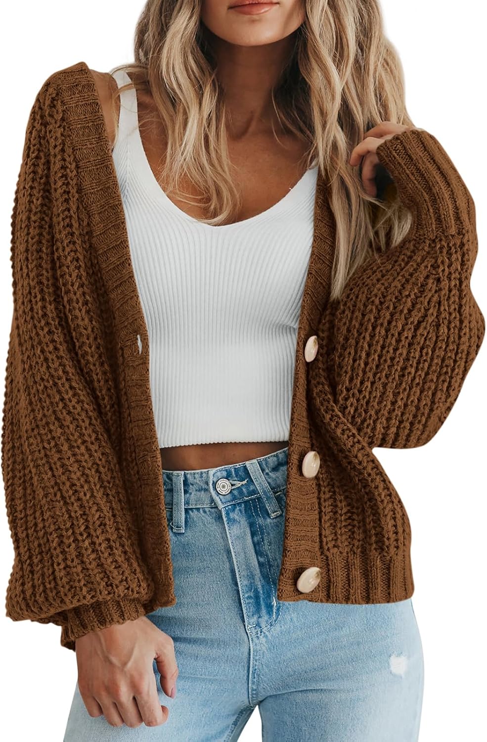 Women's Chunky Knit Open Front Sweater Long Sleeve Button
