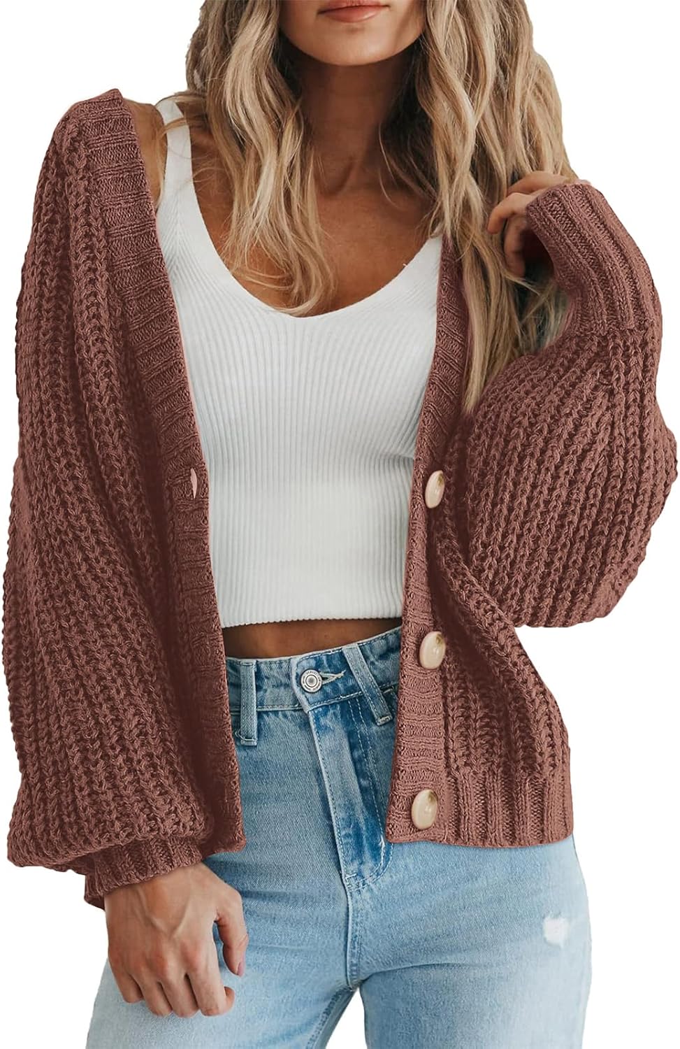 Women's Chunky Knit Open Front Sweater Long Sleeve Button
