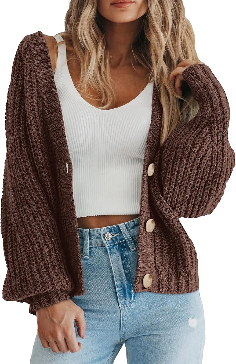 Women's Chunky Knit Open Front Sweater Long Sleeve Button