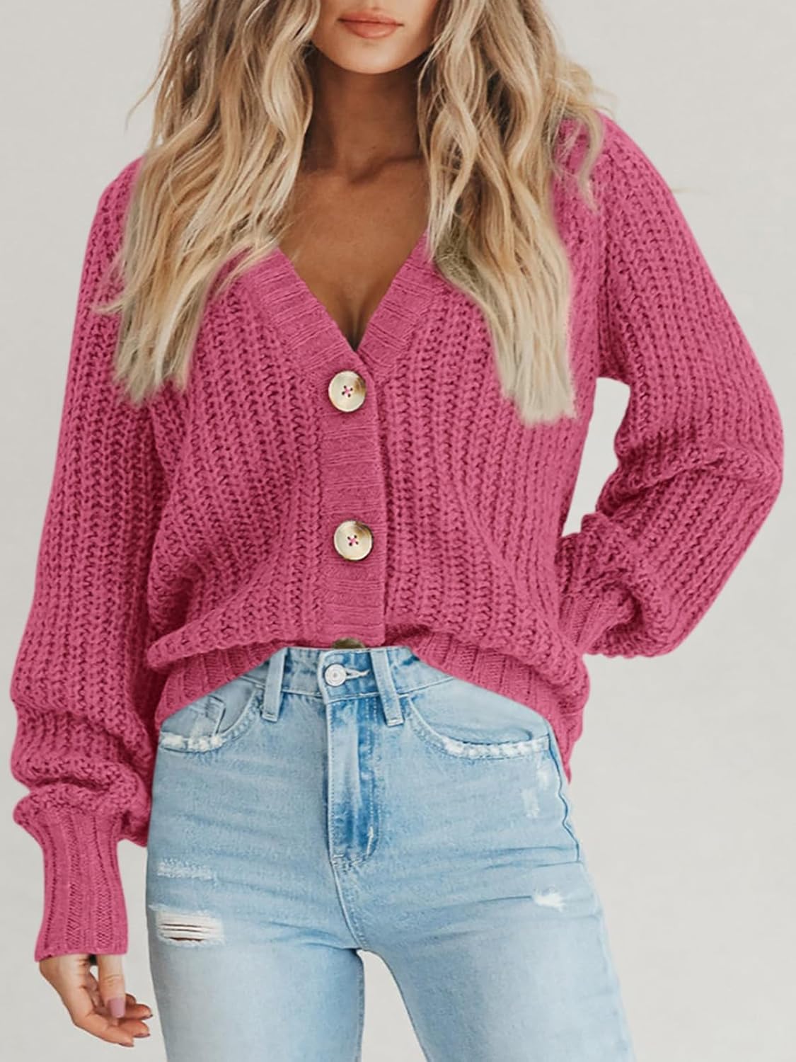 Women's Chunky Knit Open Front Sweater Long Sleeve Button