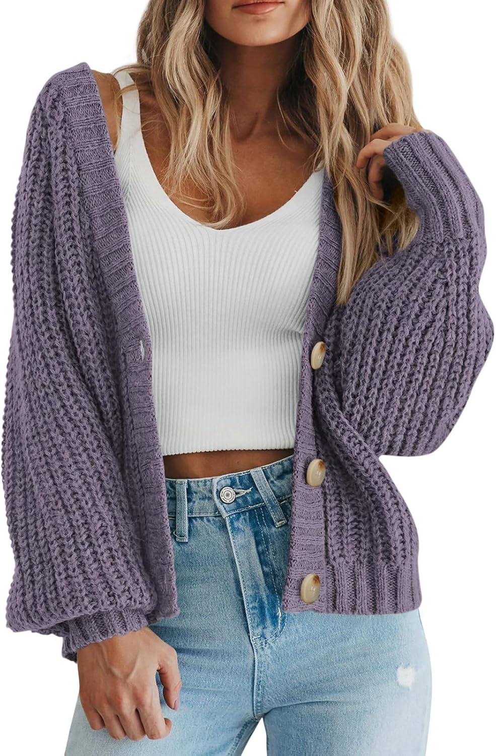 Women's Chunky Knit Open Front Sweater Long Sleeve Button