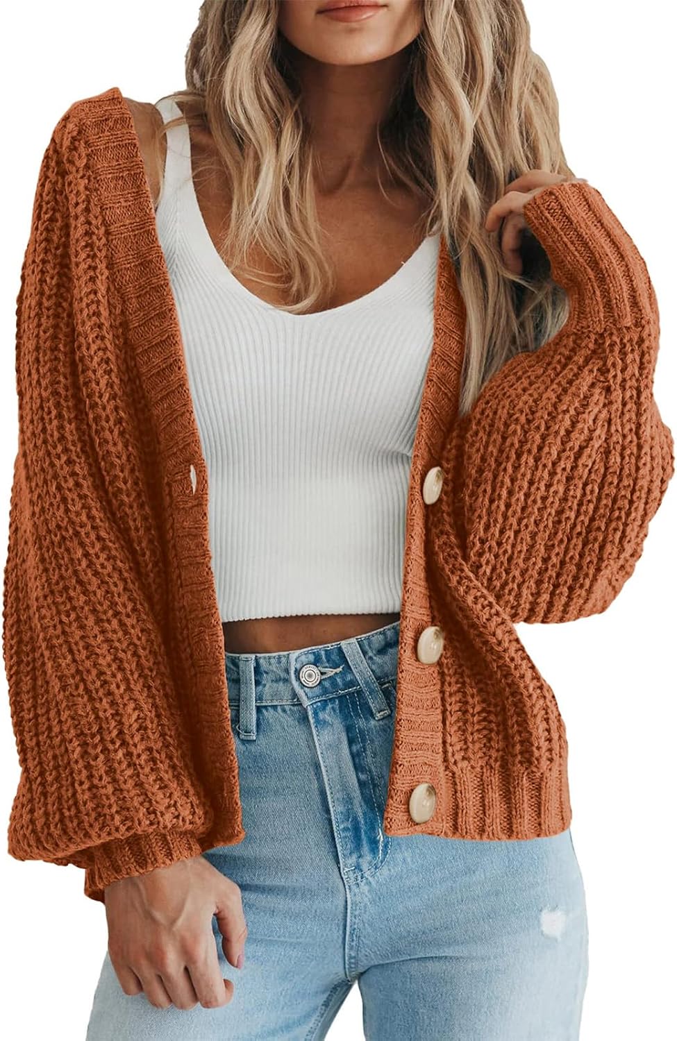 Women's Chunky Knit Open Front Sweater Long Sleeve Button