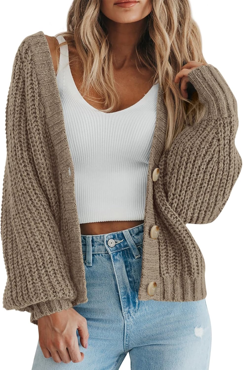 Women's Chunky Knit Open Front Sweater Long Sleeve Button