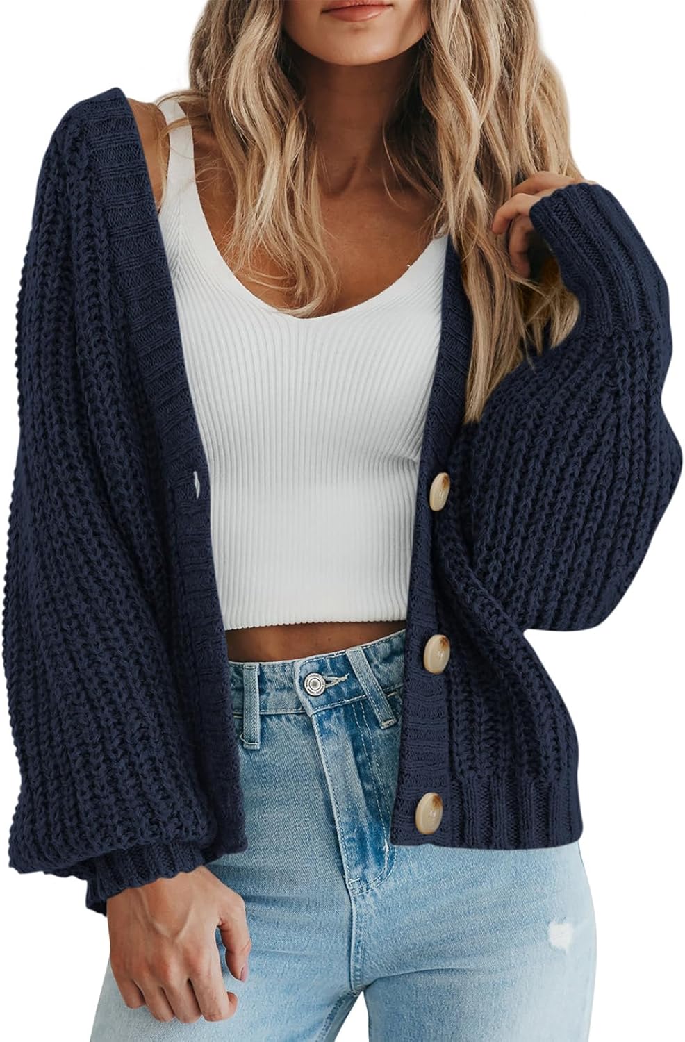 Women's Chunky Knit Open Front Sweater Long Sleeve Button