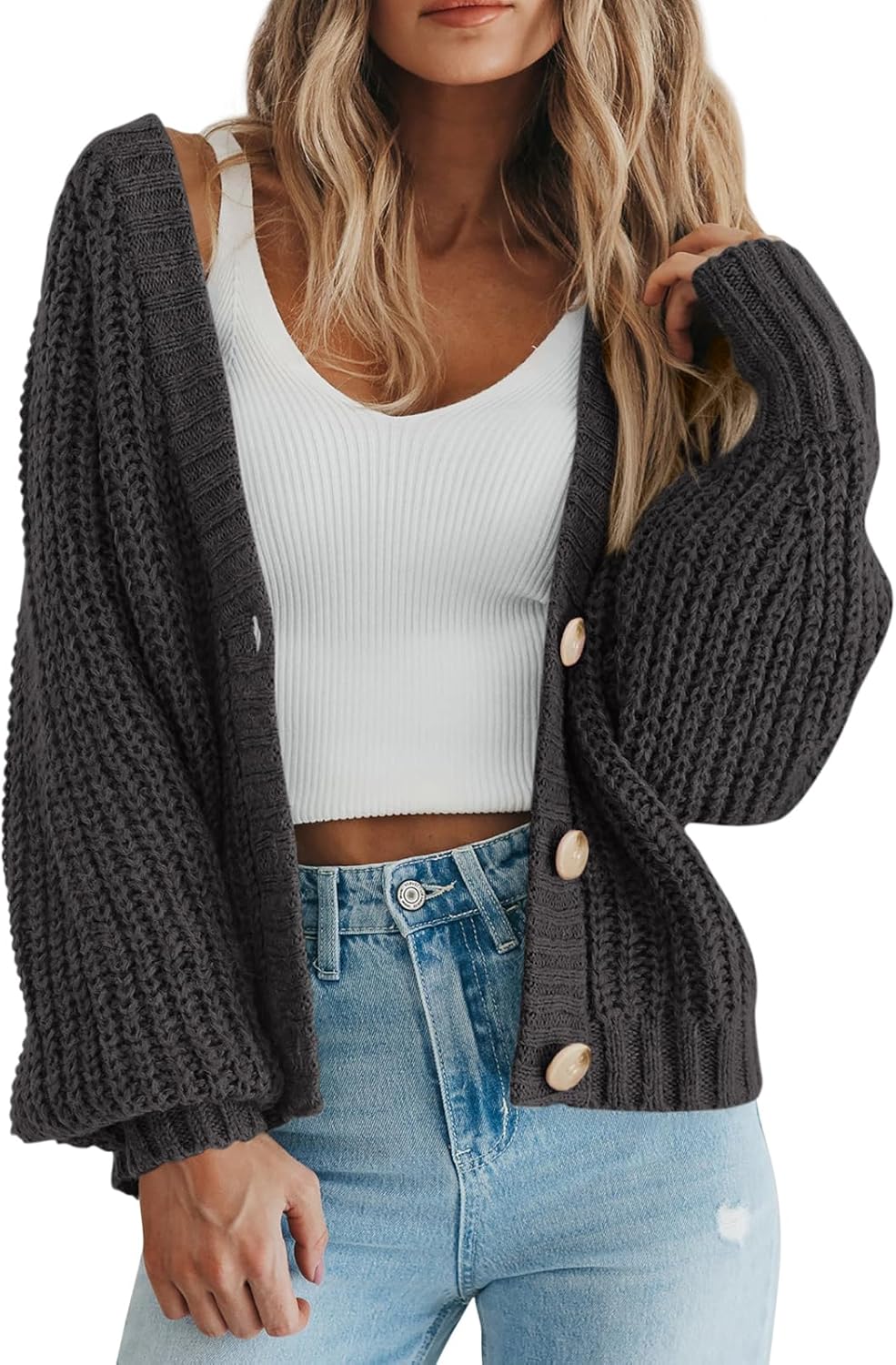 Women's Chunky Knit Open Front Sweater Long Sleeve Button