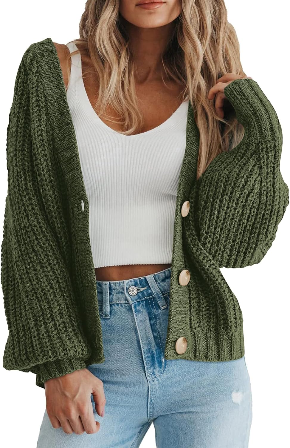 Women's Chunky Knit Open Front Sweater Long Sleeve Button