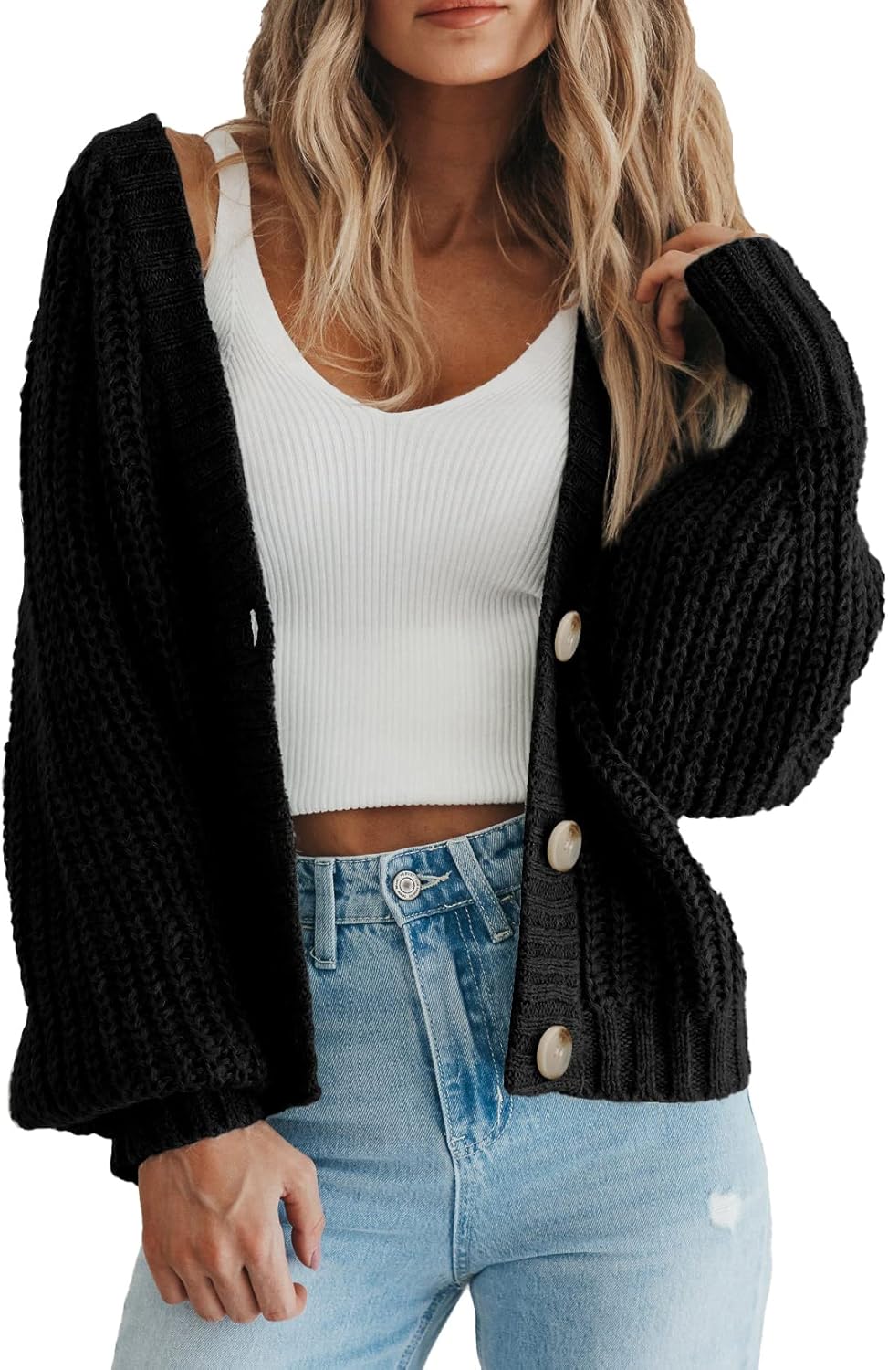 Women's Chunky Knit Open Front Sweater Long Sleeve Button