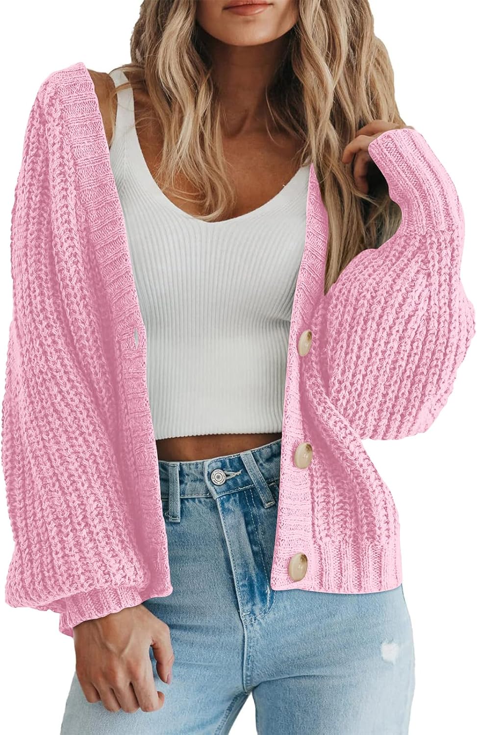Women's Chunky Knit Open Front Sweater Long Sleeve Button