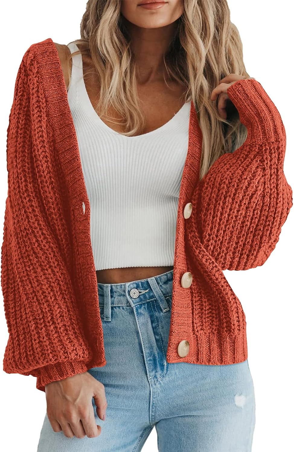 Women's Chunky Knit Open Front Sweater Long Sleeve Button