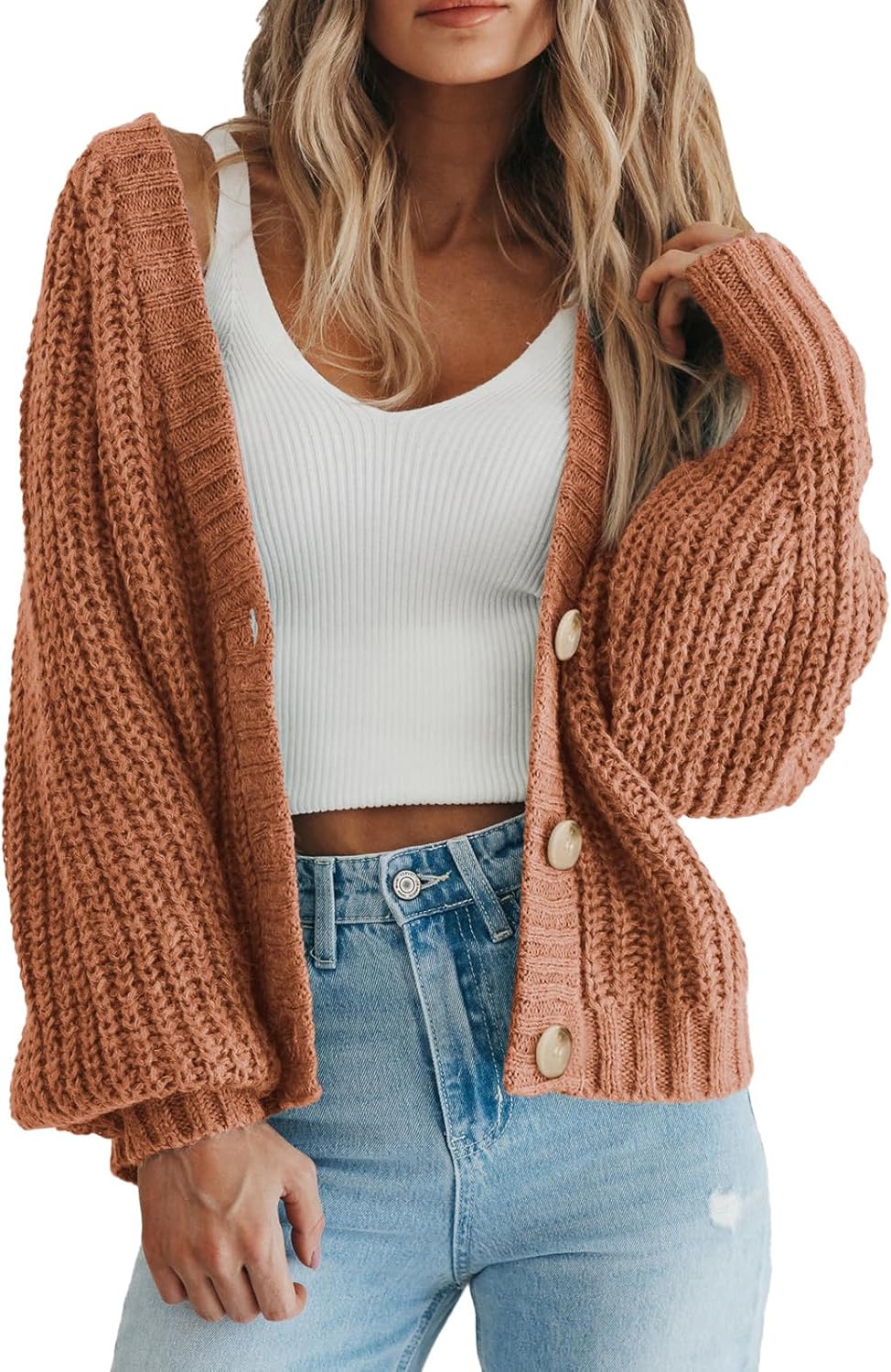 Women's Chunky Knit Open Front Sweater Long Sleeve Button