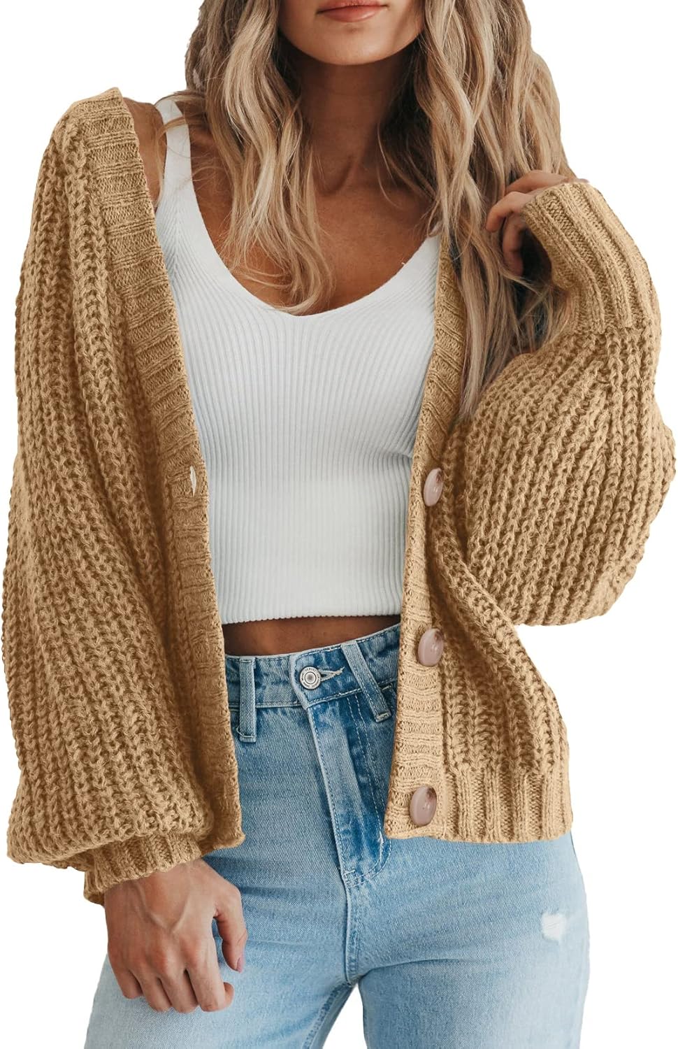 Women's Chunky Knit Open Front Sweater Long Sleeve Button