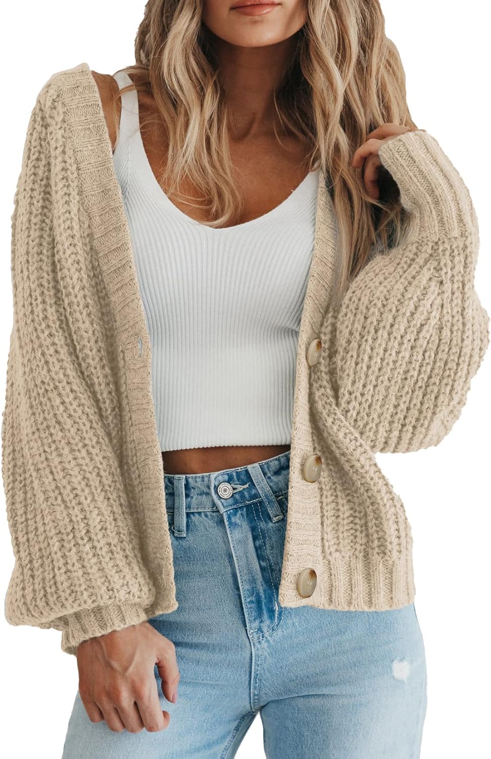 Women's Chunky Knit Open Front Sweater Long Sleeve Button