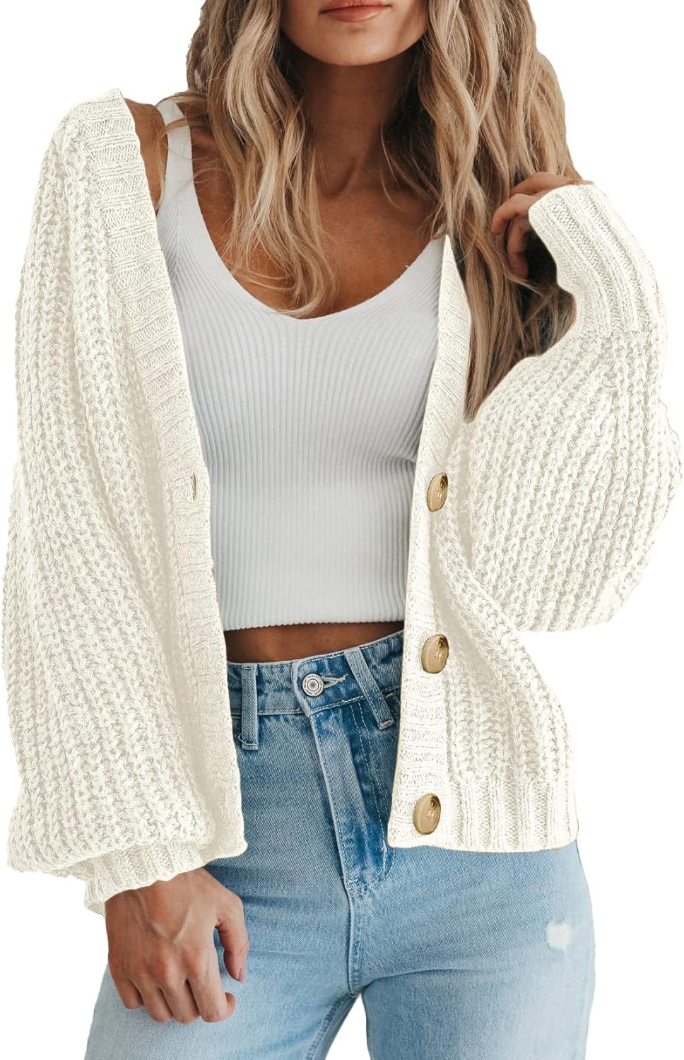 Women's Chunky Knit Open Front Sweater Long Sleeve Button