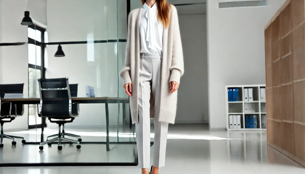 Long Cardigan Layered Over A Crisp White Blouse -03